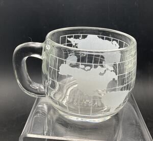 Nestle Nescafe Etched Clear Glass World Globe Coffee Mugs - Vintage Set of 4